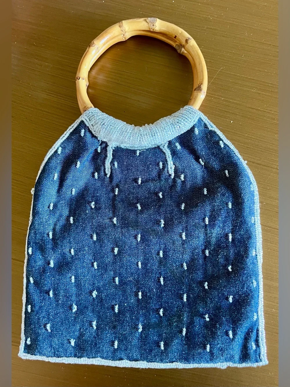 Embroidered Floral Denim Tote with Bamboo Handles, 5 by 7 fabric pouch